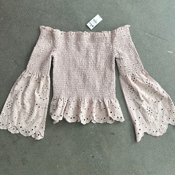 Express Off The Shoulder Smocked Eyelet Lace Bell sleeve top - Picture 1 of 3
